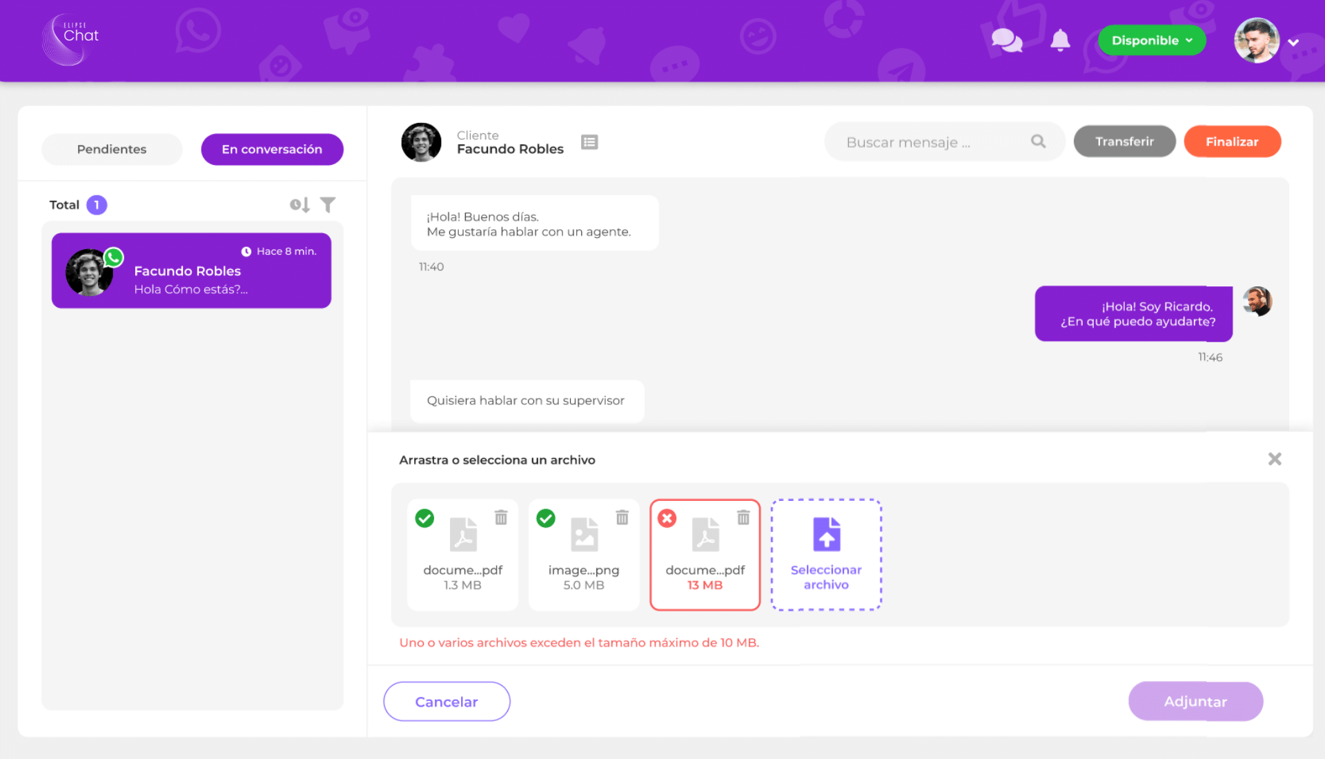 Vista de Agente – Envío de Archivos – Elipse Chat
